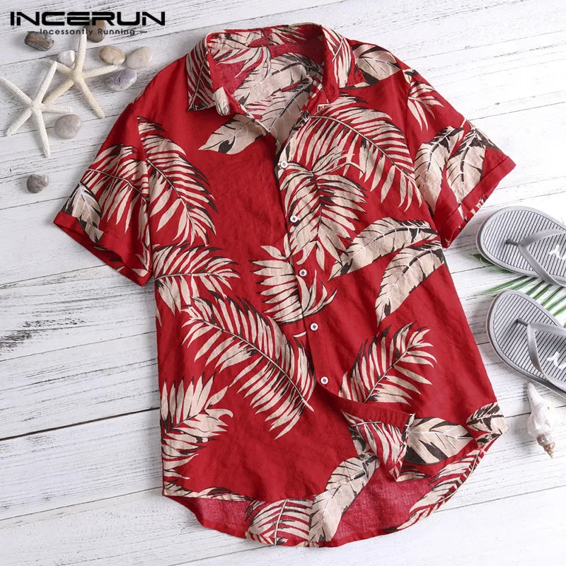 Summer Hawaiian Red Shirts Tropical Shirts Floral Men Tops Casual Shirt Short Sleeve Cotton Button Chemise Loose Vacation Beach