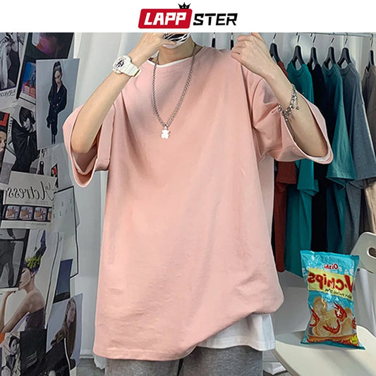 LAPPSTER Men Oversized Streetwear Cotton Colorful T Shirts 2024 Summer Mens Japanese Fashions Harajuku T-Shirt Male Vintage Tees