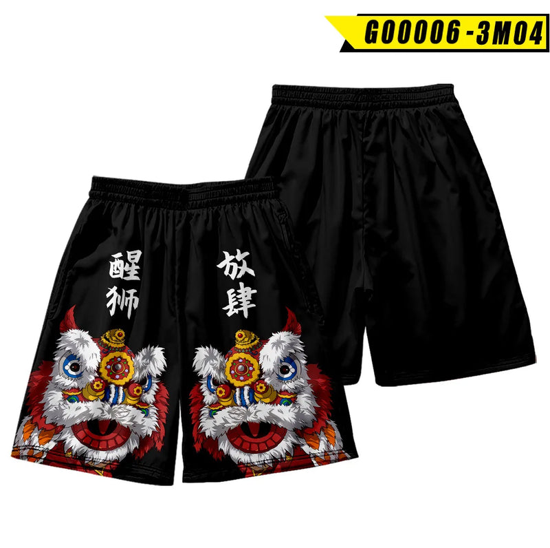 Summer Japanese Style Fox Print Male Streetwear Beach Shorts Casual Loose Men Women Anime Elastic Waist Black Shorts Plus Size