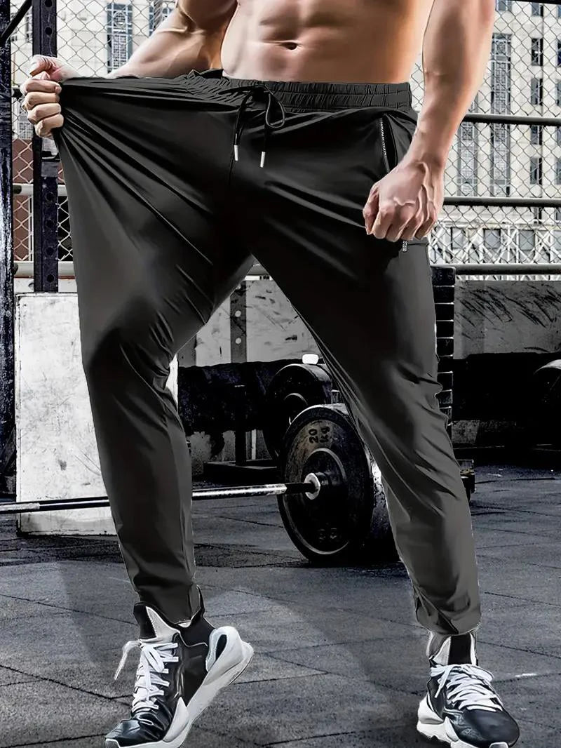 Summer Spring Men's Waist Drawstring Quick Dry High Stretch Solid Color Sports Training Outdoor Long Pants With Zipper Pockets
