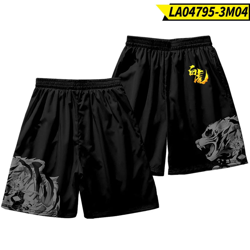 Summer Japanese Style Fox Print Male Streetwear Beach Shorts Casual Loose Men Women Anime Elastic Waist Black Shorts Plus Size