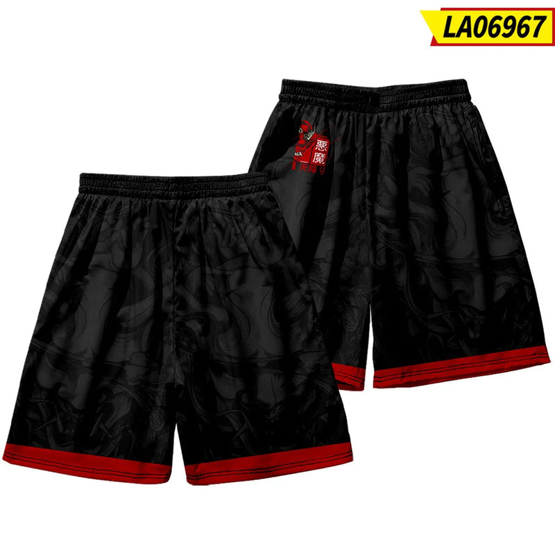 Summer Japanese Style Fox Print Male Streetwear Beach Shorts Casual Loose Men Women Anime Elastic Waist Black Shorts Plus Size