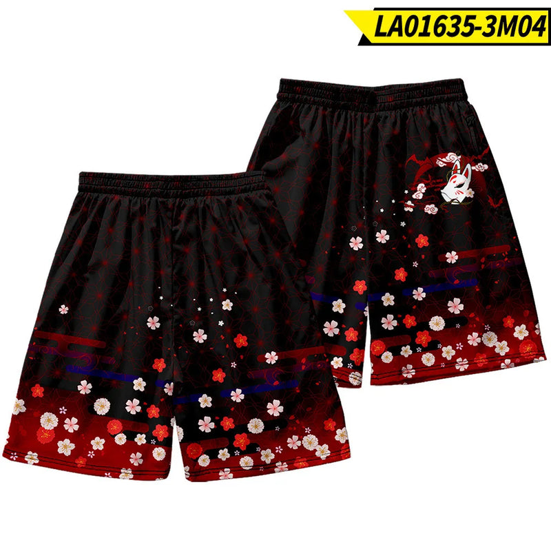 Summer Japanese Style Fox Print Male Streetwear Beach Shorts Casual Loose Men Women Anime Elastic Waist Black Shorts Plus Size