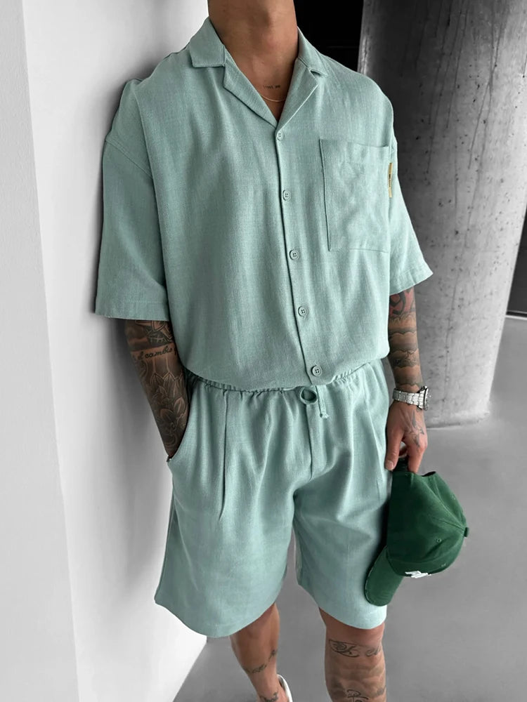 Hip Hop Mens Two Piece Sets Summer Casual Pure Color Short Sleeve Pocket Shirts And Shorts Men Outfits Fashion Loose Suits Male