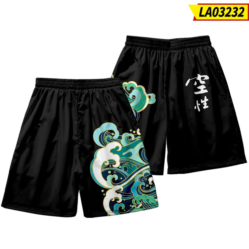 Summer Japanese Style Fox Print Male Streetwear Beach Shorts Casual Loose Men Women Anime Elastic Waist Black Shorts Plus Size