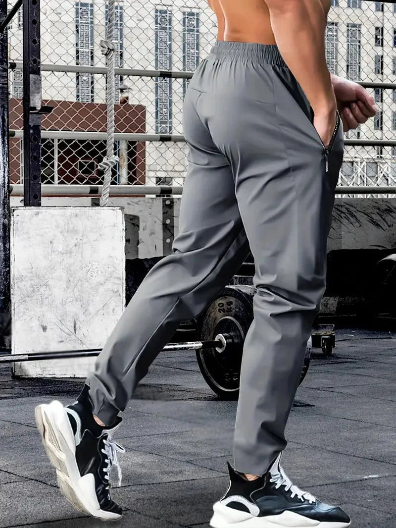 Summer Spring Men's Waist Drawstring Quick Dry High Stretch Solid Color Sports Training Outdoor Long Pants With Zipper Pockets