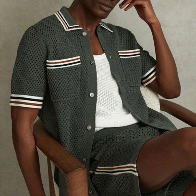 Vintage Pocket Patchwork Striped Knit Shirt Men Summer Breathable Hollow Out Knitted Mens Shirts Casual Short Sleeve Cardigans