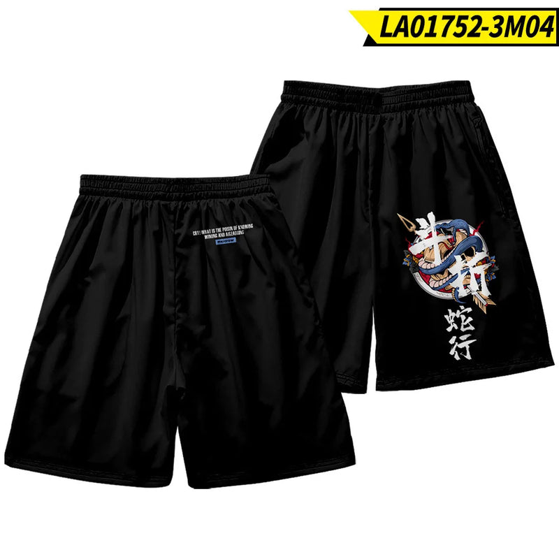 Summer Japanese Style Fox Print Male Streetwear Beach Shorts Casual Loose Men Women Anime Elastic Waist Black Shorts Plus Size