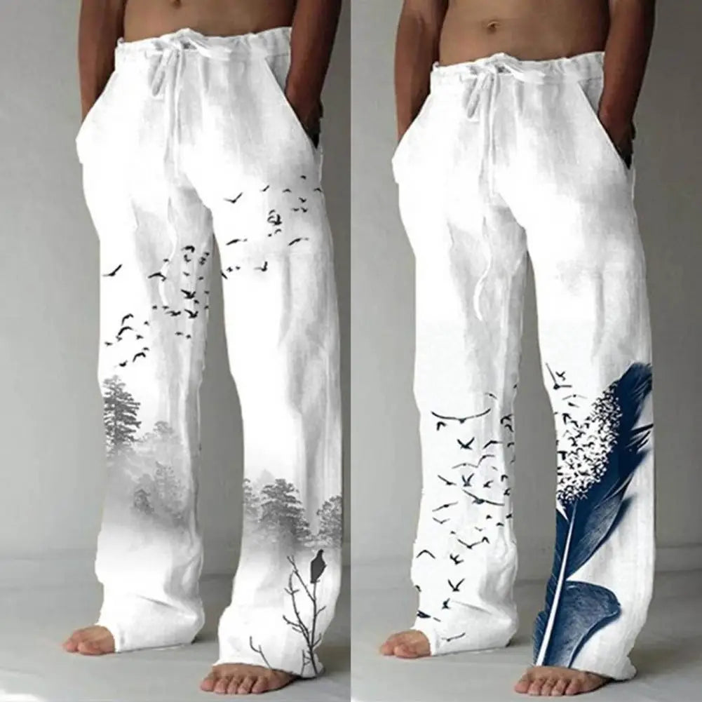 Vintage Men Beach Pants Solid Color Flying Birds Print Summer Lace-up Elastic Waist Wide Leg Pants Casual Male Streetwear