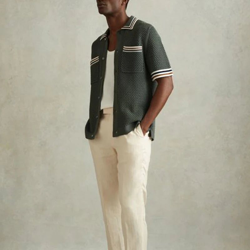 Vintage Pocket Patchwork Striped Knit Shirt Men Summer Breathable Hollow Out Knitted Mens Shirts Casual Short Sleeve Cardigans