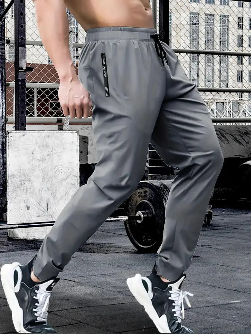 Summer Spring Men's Waist Drawstring Quick Dry High Stretch Solid Color Sports Training Outdoor Long Pants With Zipper Pockets