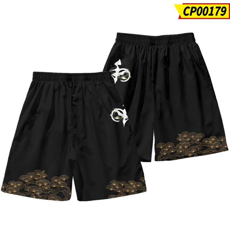 Summer Japanese Style Fox Print Male Streetwear Beach Shorts Casual Loose Men Women Anime Elastic Waist Black Shorts Plus Size