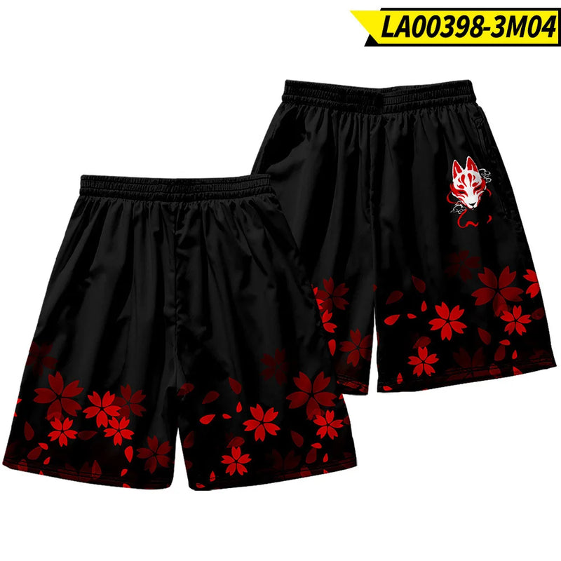 Summer Japanese Style Fox Print Male Streetwear Beach Shorts Casual Loose Men Women Anime Elastic Waist Black Shorts Plus Size