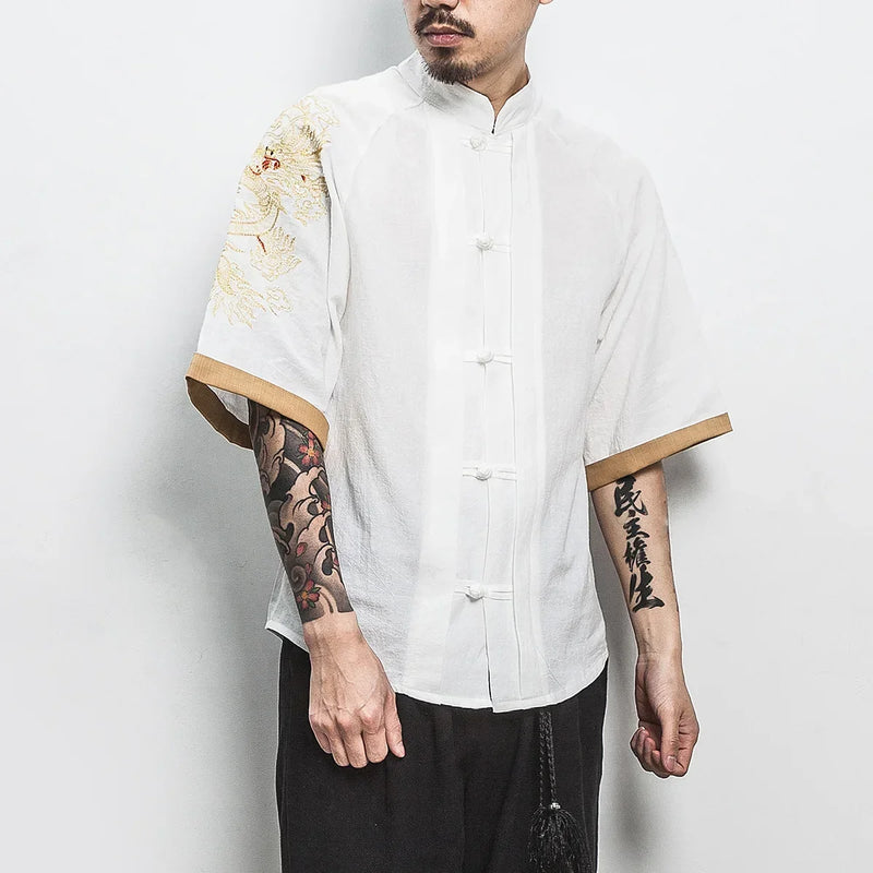 Chinese Style Retro Embroidered Cardigan Men's Novelty Golden Dragon Embroidery Shirt Men's Atmospheric Plus Size Clothing